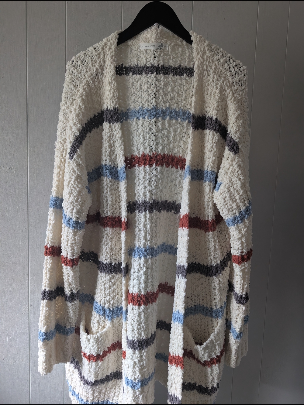 Altar'd State Cream Open-Front Cardigan with Blue, Rust & Charcoal Stripes